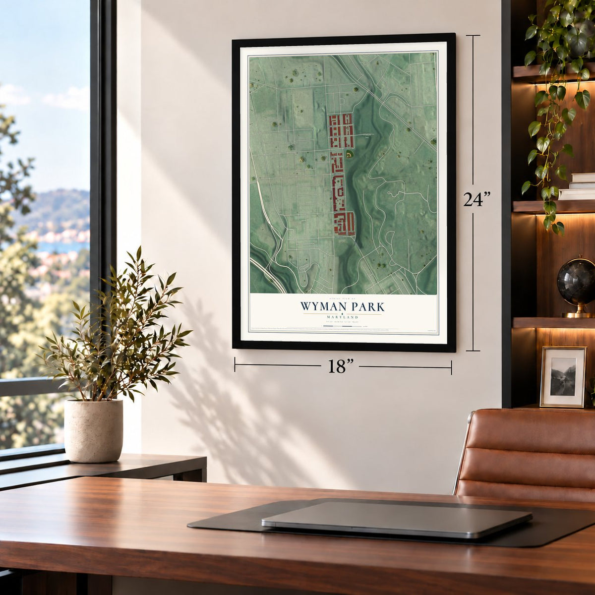 Wyman Park, Maryland map, 18 x 24 inch print in a black frame in a home office