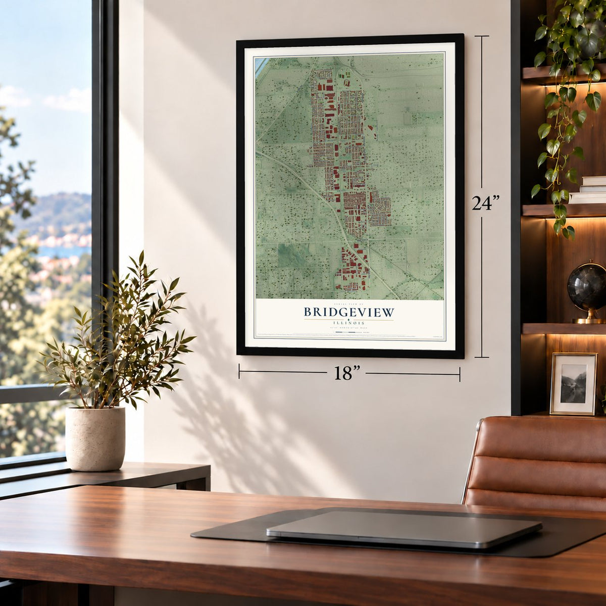 Bridgeview, Illinois map, 18 x 24 inch print in a black frame in a home office