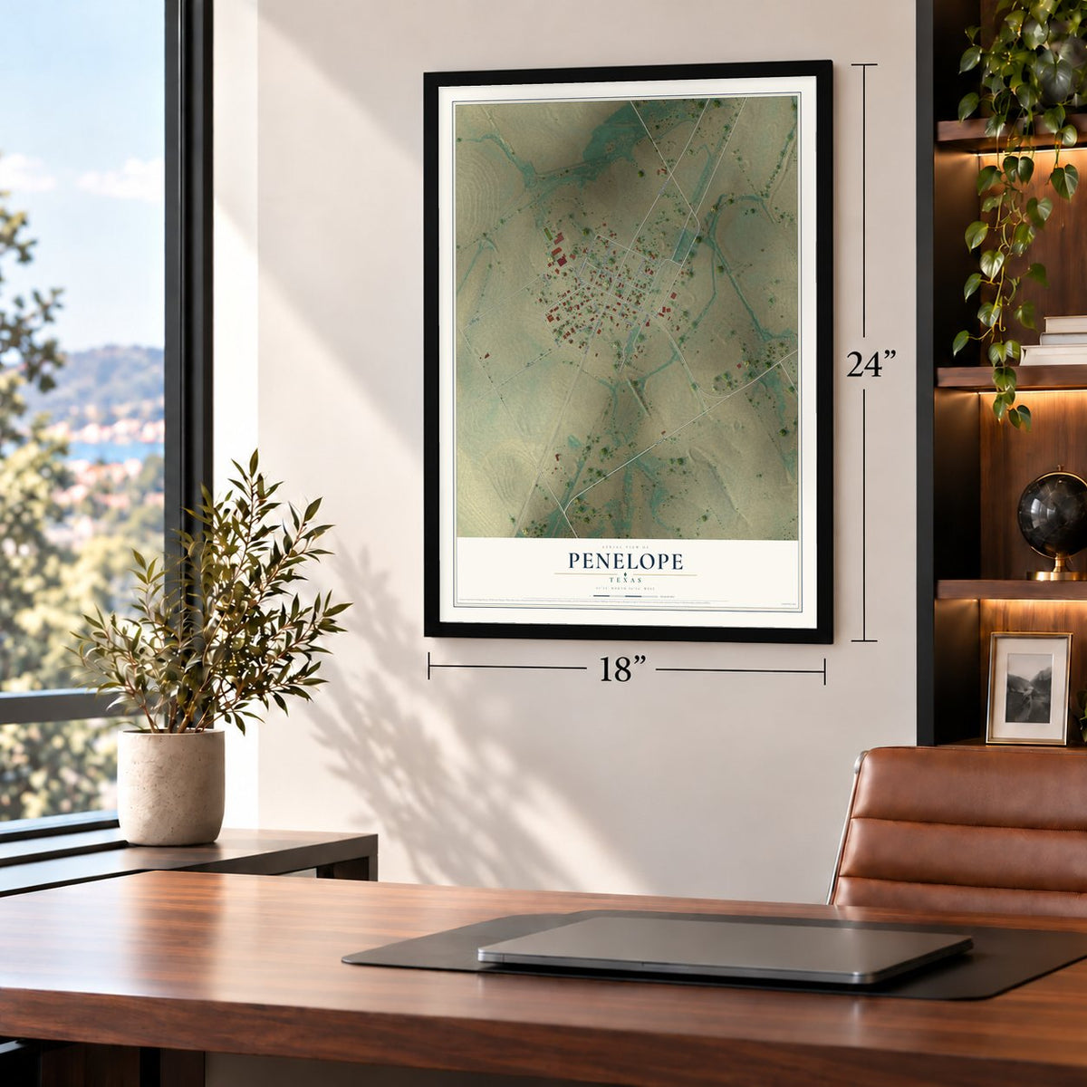 Penelope, Texas map, 18 x 24 inch print in a black frame in a home office