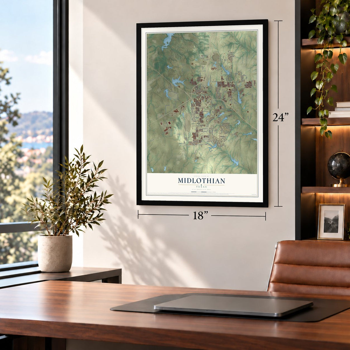 Midlothian, Texas map, 18 x 24 inch print in a black frame in a home office