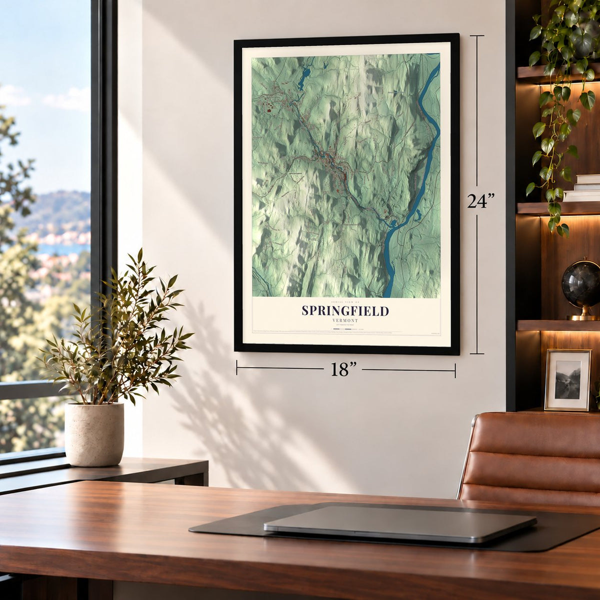 Springfield, Vermont map, 18 x 24 inch print in a black frame in a home office