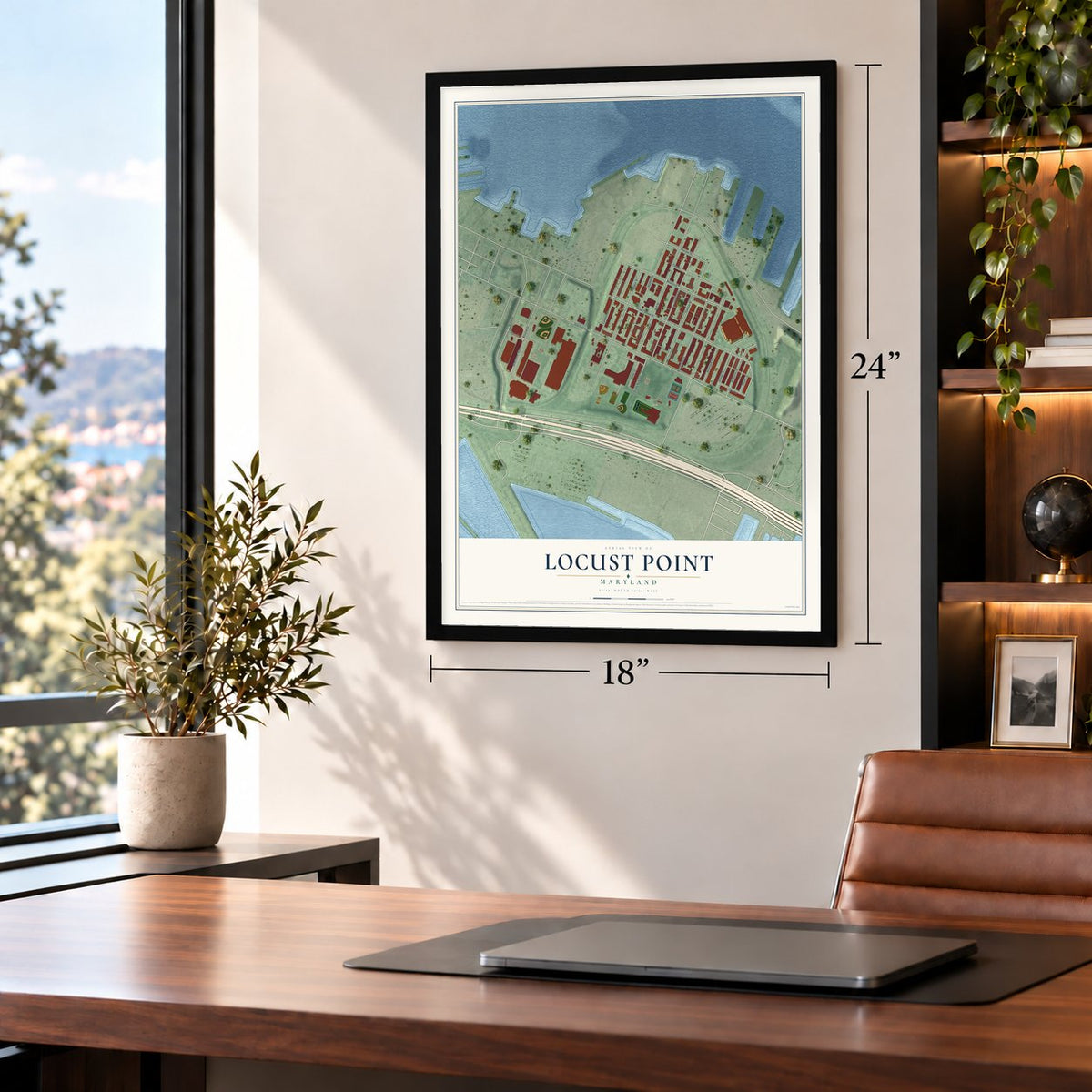 Locust Point, Maryland map, 18 x 24 inch print in a black frame in a home office