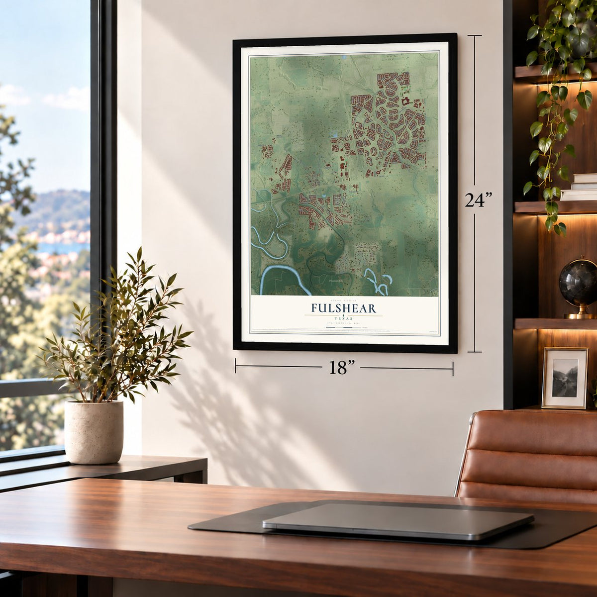 Fulshear, Texas map, 18 x 24 inch print in a black frame in a home office