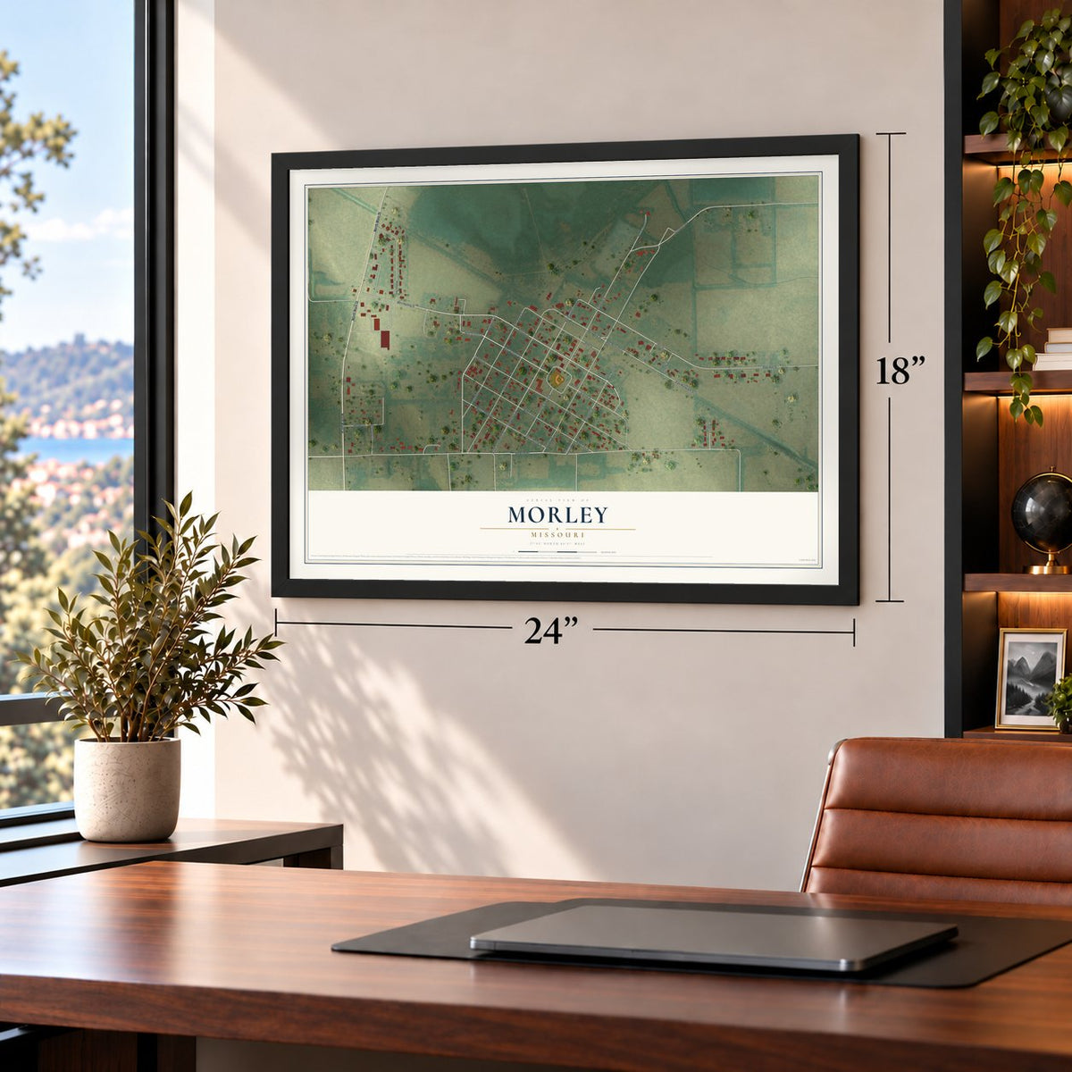 Morley, Missouri map, 18 x 24 inch print in a black frame in a home office