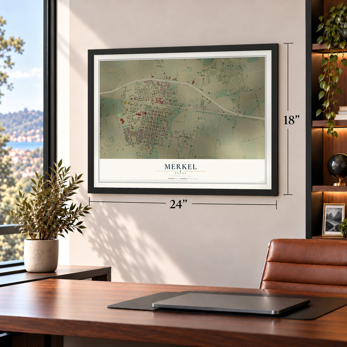 Merkel, Texas map, 18 x 24 inch print in a black frame in a home office