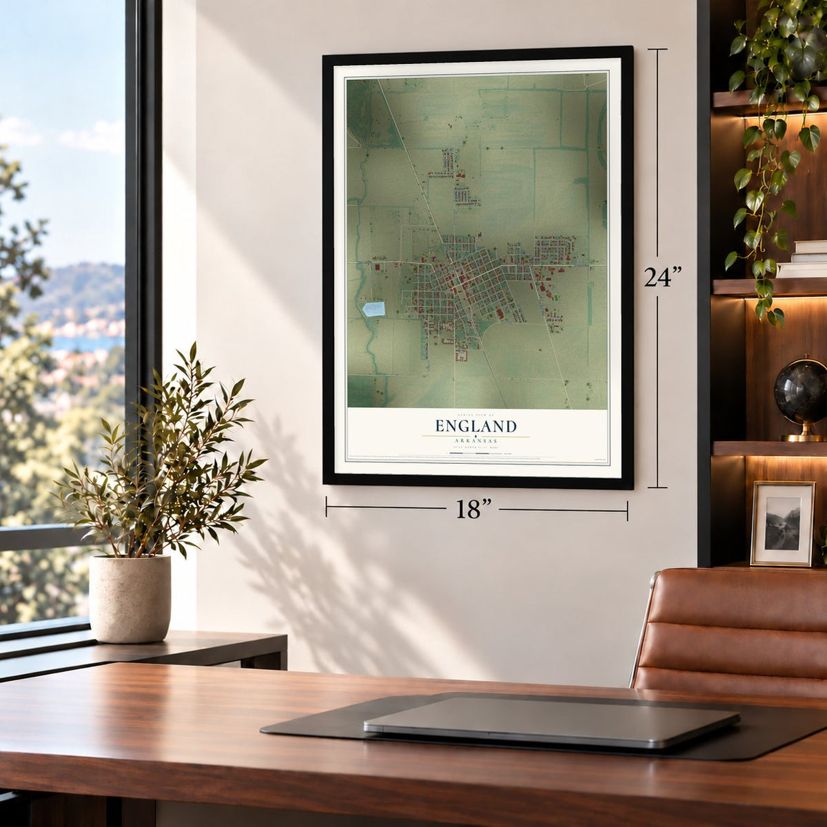 England, Arkansas map, 18 x 24 inch print in a black frame in a home office