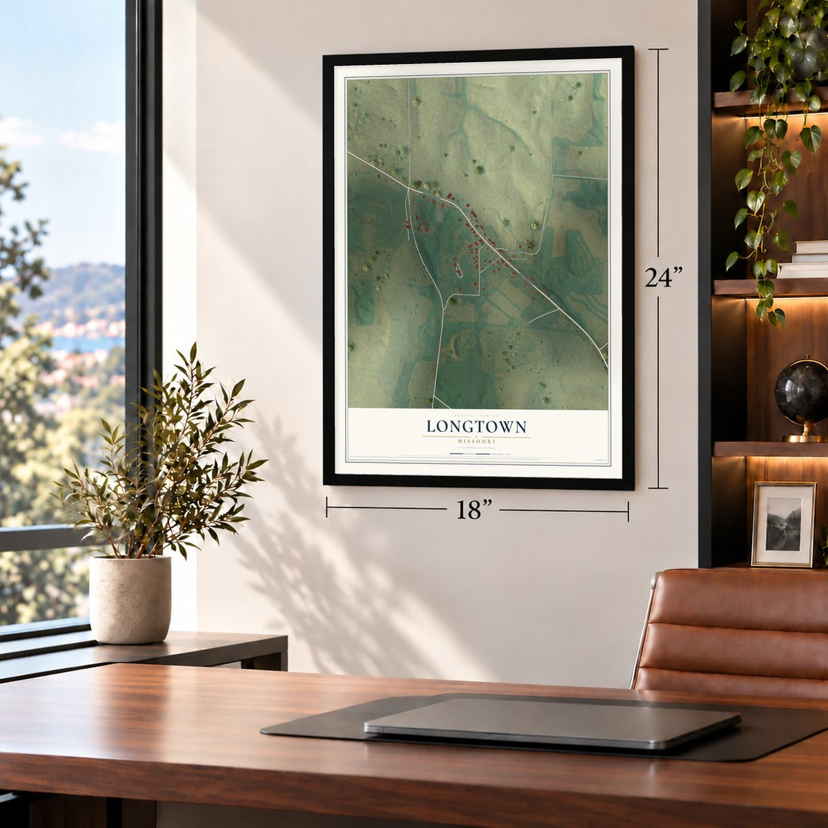 Longtown, Missouri map, 18 x 24 inch print in a black frame in a home office