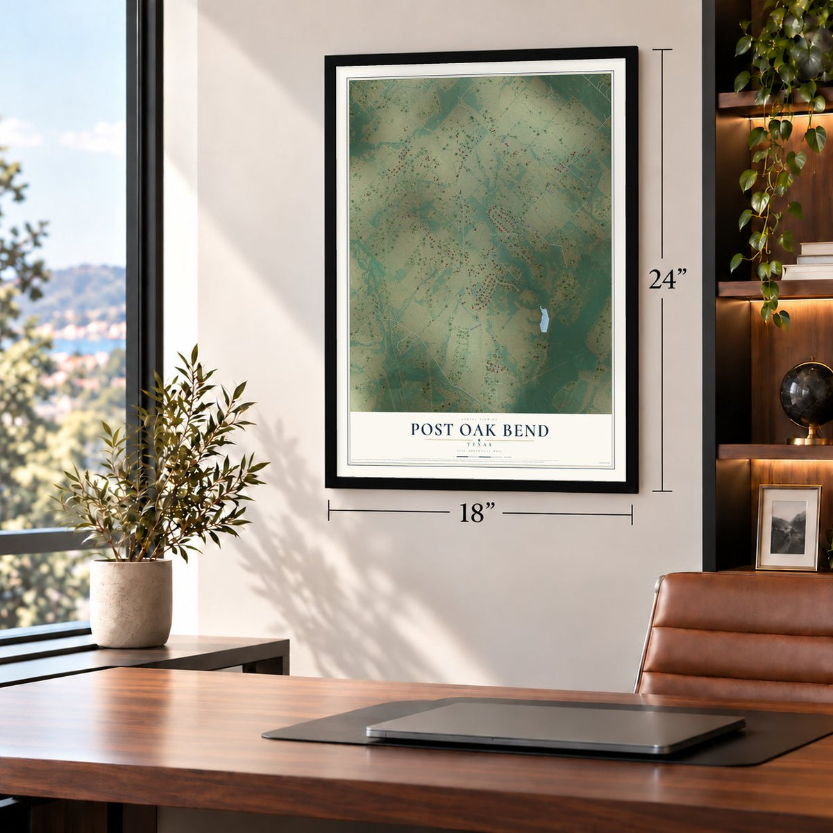 Post Oak Bend, Texas map, 18 x 24 inch print in a black frame in a home office