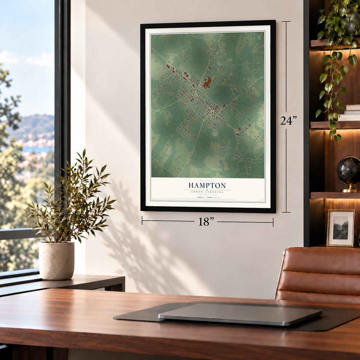 Hampton, South Carolina map, 18 x 24 inch print in a black frame in a home office