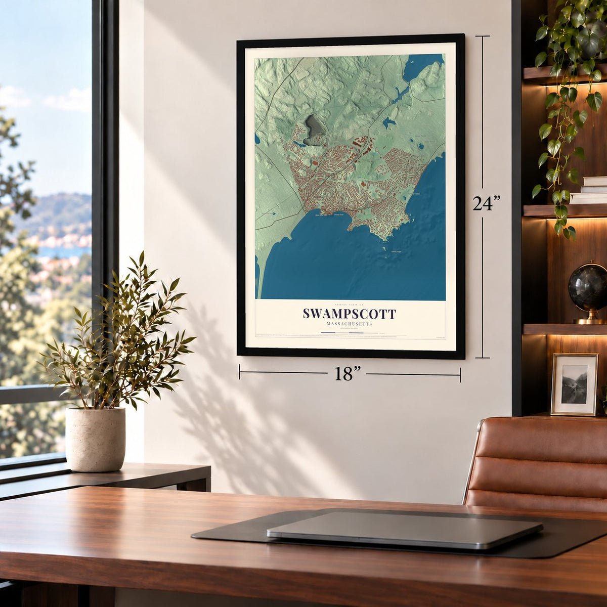 Swampscott, Massachusetts map, 18 x 24 inch print in a black frame in a home office