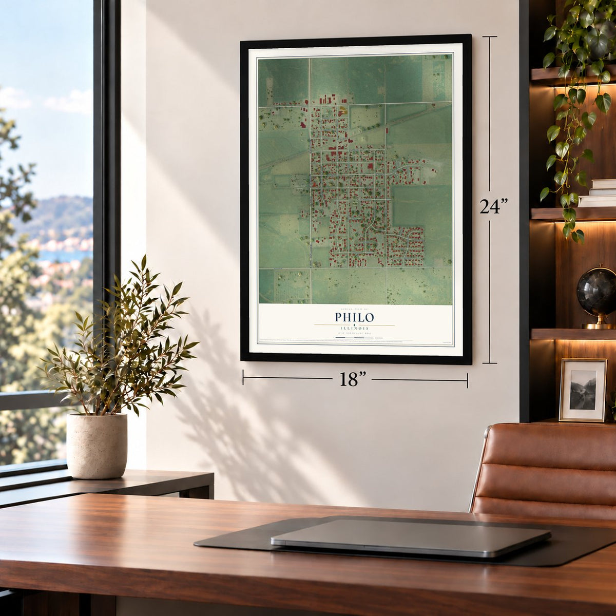 Philo, Illinois map, 18 x 24 inch print in a black frame in a home office