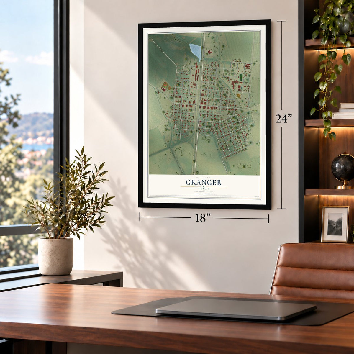 Granger, Texas map, 18 x 24 inch print in a black frame in a home office
