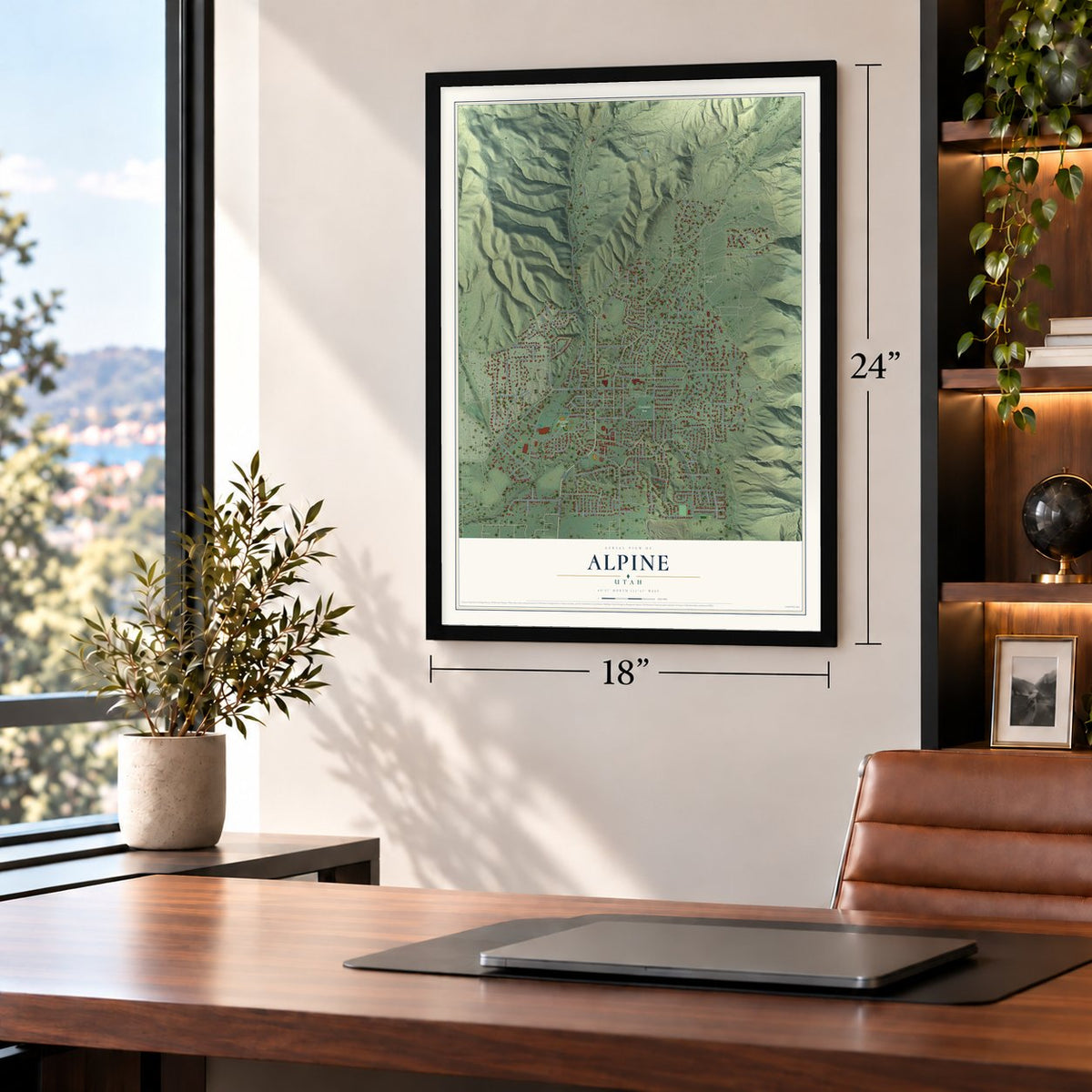 Alpine, Utah map, 18 x 24 inch print in a black frame in a home office