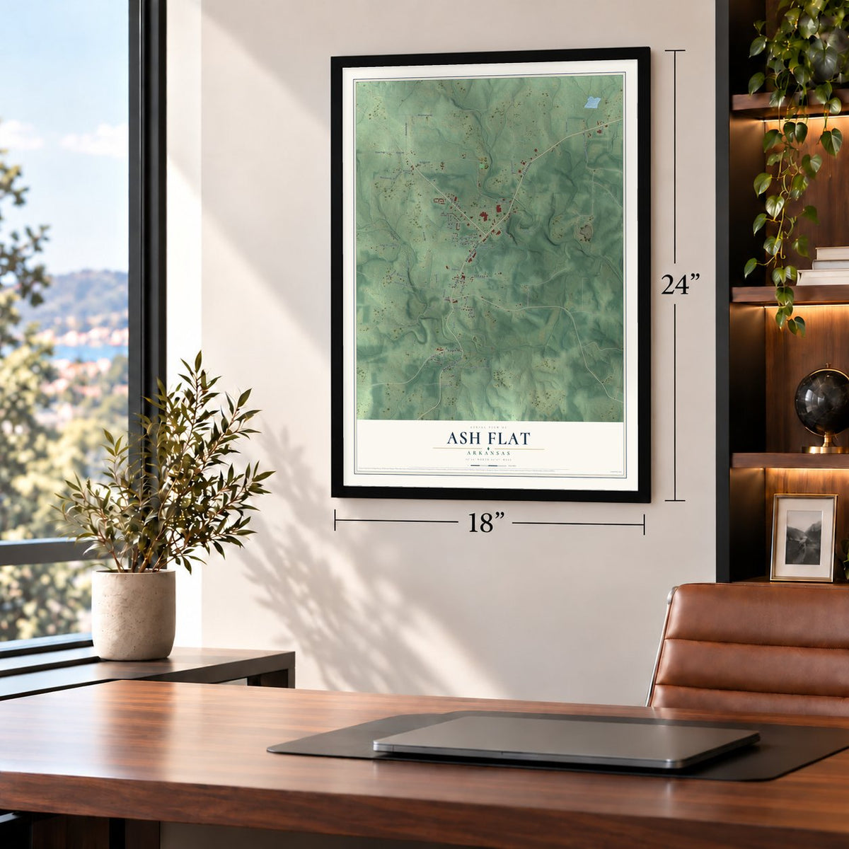 Ash Flat, Arkansas map, 18 x 24 inch print in a black frame in a home office