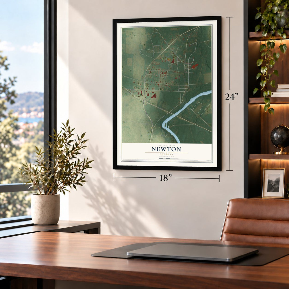 Newton, Georgia map, 18 x 24 inch print in a black frame in a home office