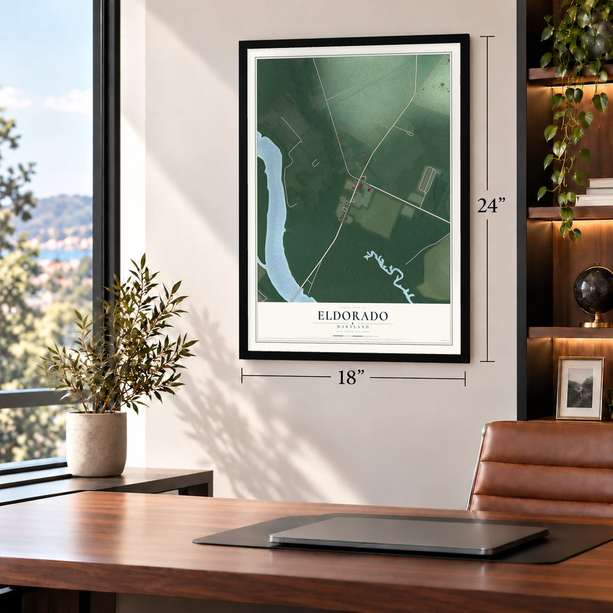 Eldorado, Maryland map, 18 x 24 inch print in a black frame in a home office