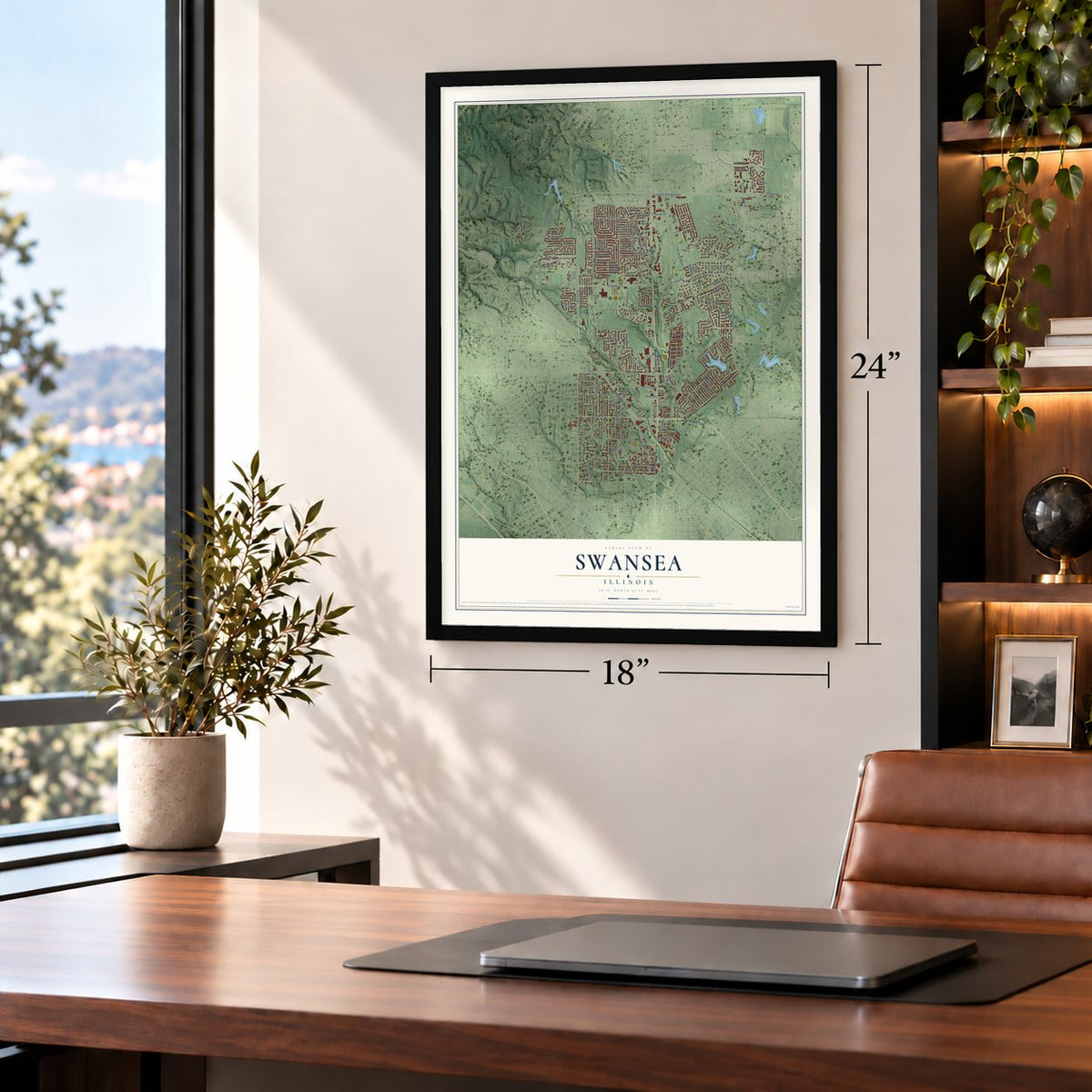 Swansea, Illinois map, 18 x 24 inch print in a black frame in a home office