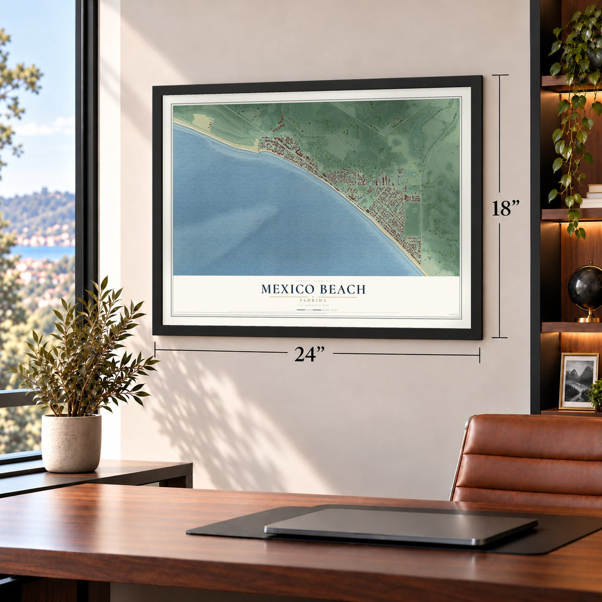Mexico Beach, Florida map, 18 x 24 inch print in a black frame in a home office