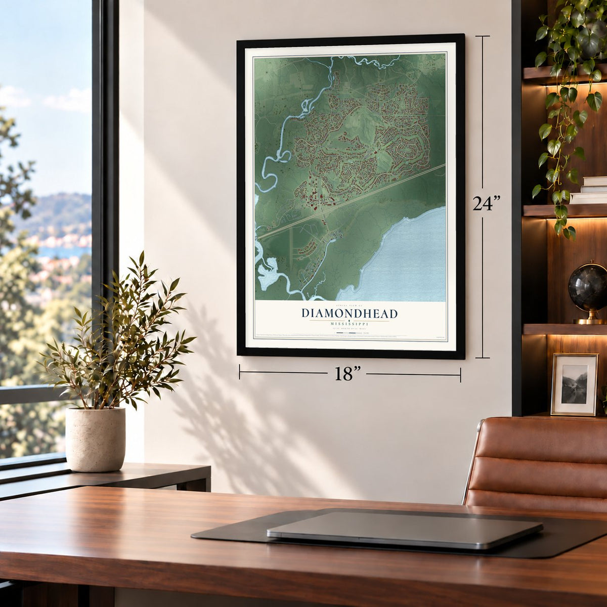 Diamondhead, Mississippi map, 18 x 24 inch print in a black frame in a home office