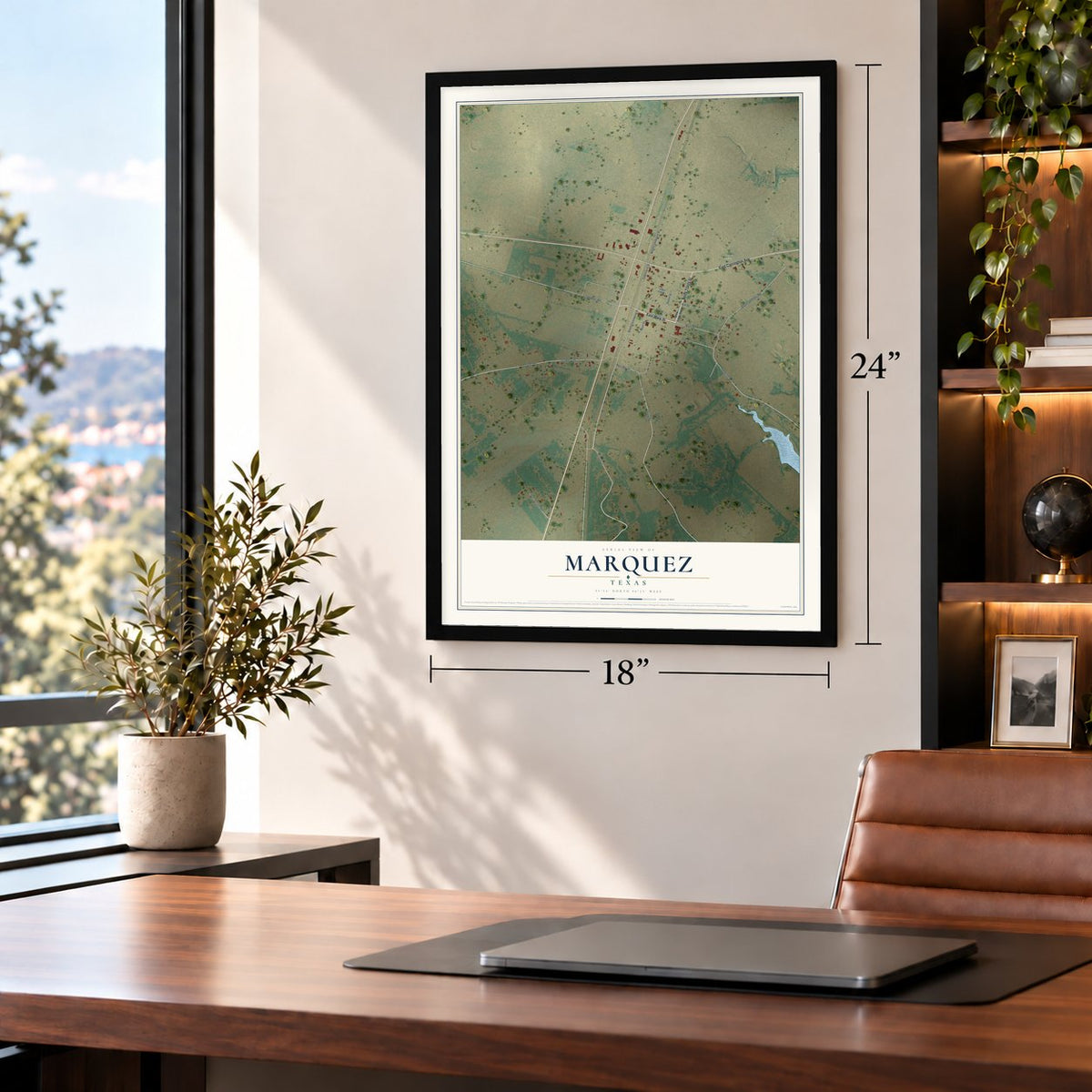 Marquez, Texas map, 18 x 24 inch print in a black frame in a home office