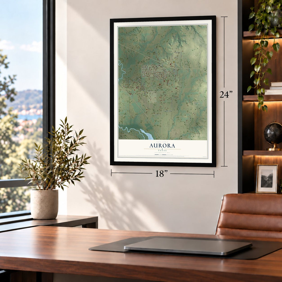 Aurora, Texas map, 18 x 24 inch print in a black frame in a home office
