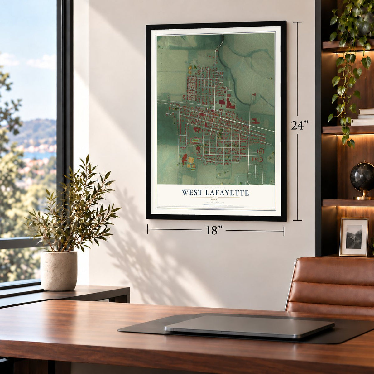 West Lafayette, Ohio map, 18 x 24 inch print in a black frame in a home office