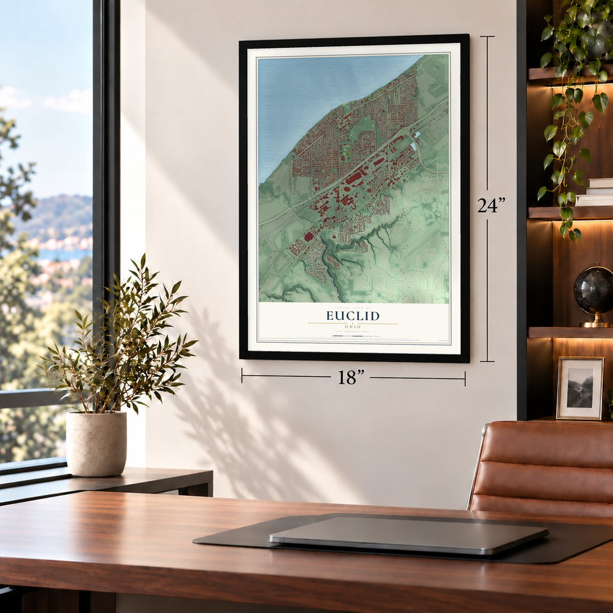 Euclid, Ohio map, 18 x 24 inch print in a black frame in a home office