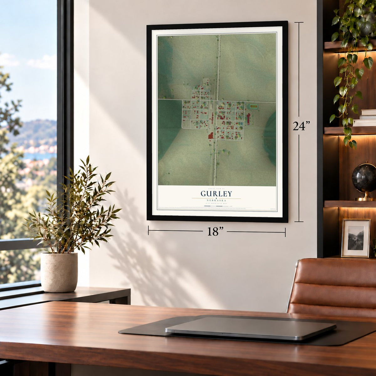 Gurley, Nebraska map, 18 x 24 inch print in a black frame in a home office