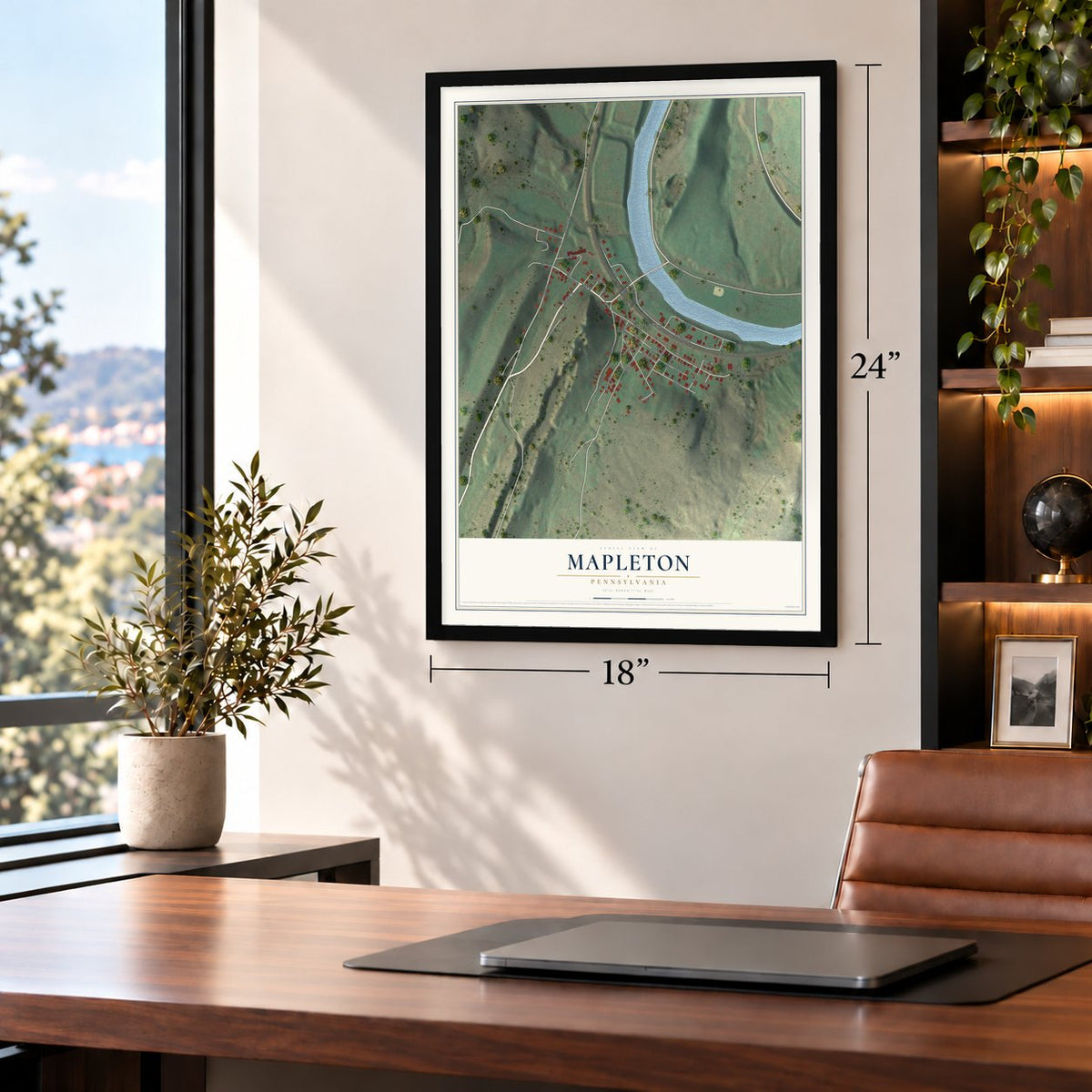 Mapleton, Pennsylvania map, 18 x 24 inch print in a black frame in a home office
