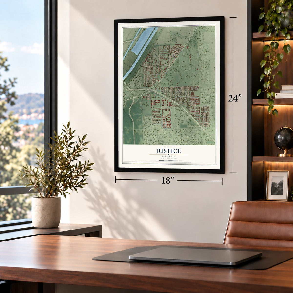 Justice, Illinois map, 18 x 24 inch print in a black frame in a home office