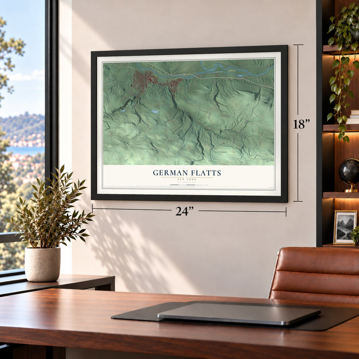 German Flatts, New York map, 18 x 24 inch print in a black frame in a home office