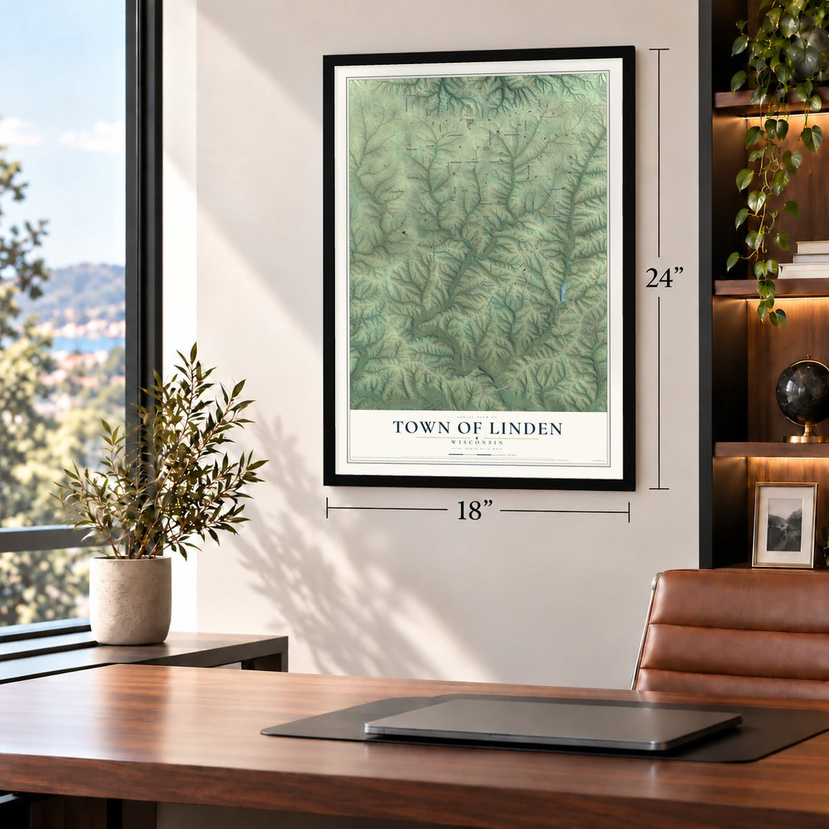Town of Linden, Wisconsin map, 18 x 24 inch print in a black frame in a home office
