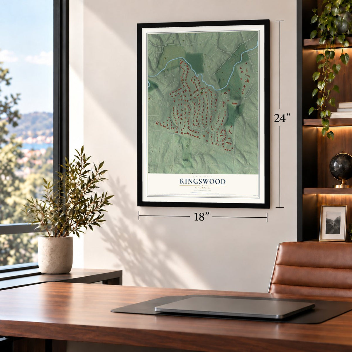 Kingswood, Georgia map, 18 x 24 inch print in a black frame in a home office