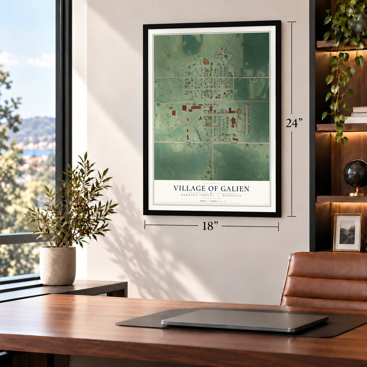 Galien, Michigan map, 18 x 24 inch print in a black frame in a home office