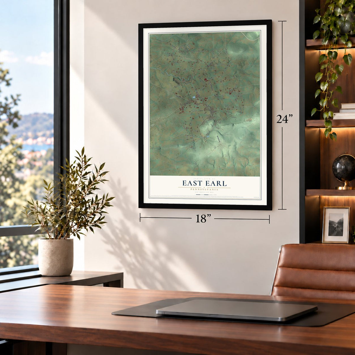 East Earl, Pennsylvania map, 18 x 24 inch print in a black frame in a home office
