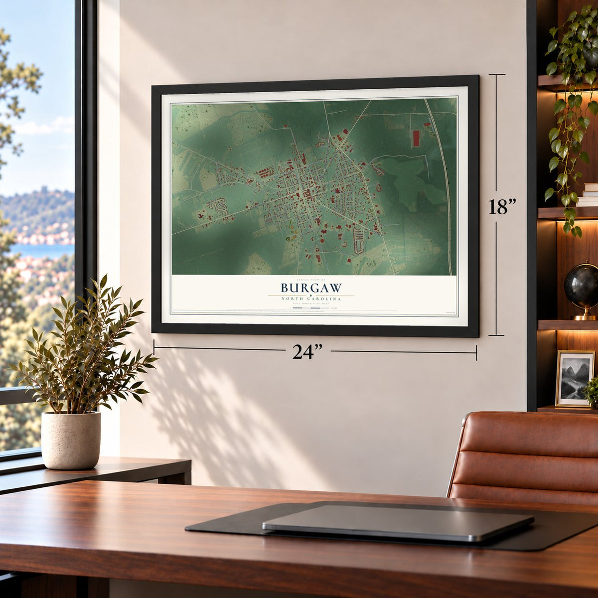 Burgaw, North Carolina map, 18 x 24 inch print in a black frame in a home office