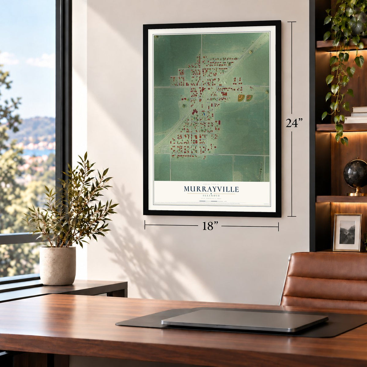 Murrayville, Illinois map, 18 x 24 inch print in a black frame in a home office