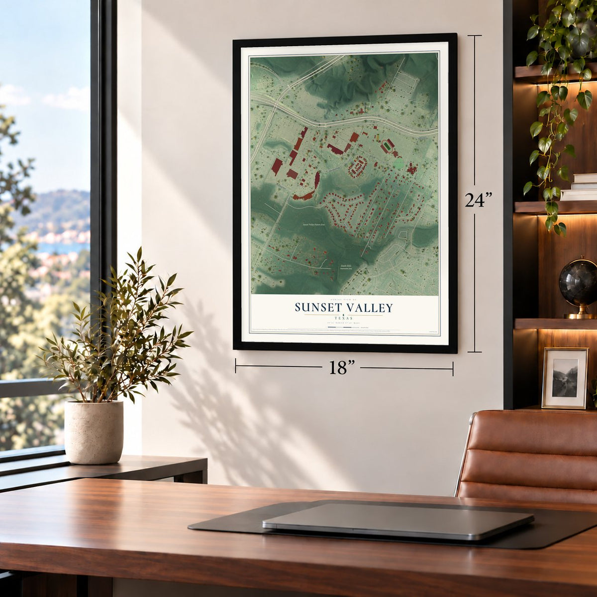 Sunset Valley, Texas map, 18 x 24 inch print in a black frame in a home office