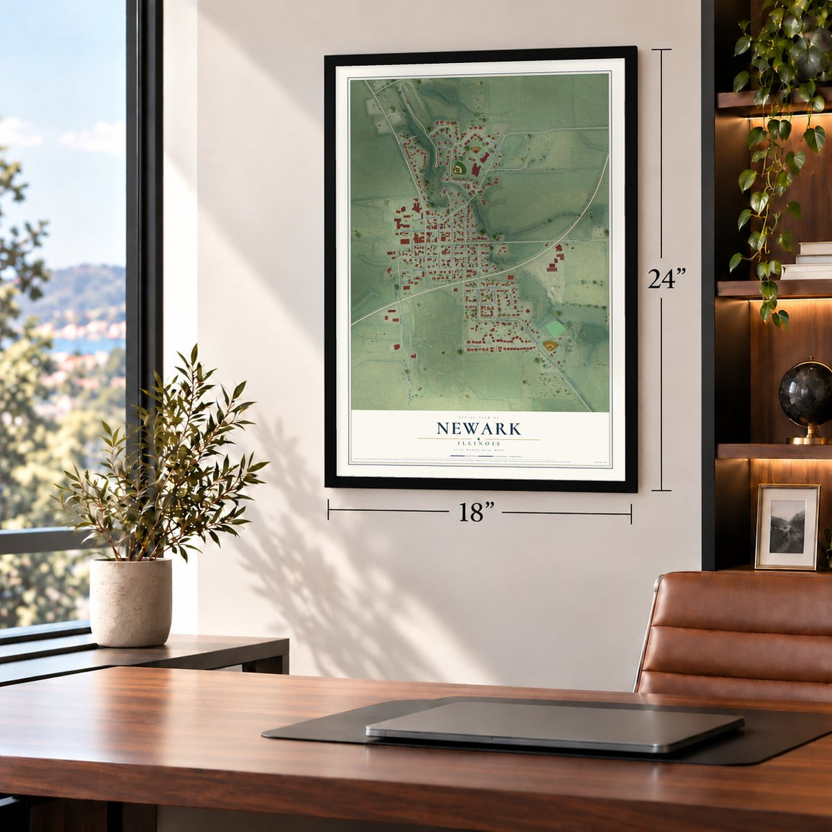 Newark, Illinois map, 18 x 24 inch print in a black frame in a home office