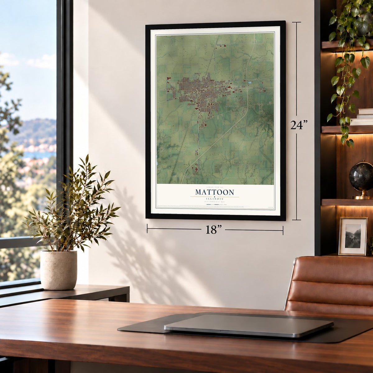 Mattoon, Illinois map, 18 x 24 inch print in a black frame in a home office