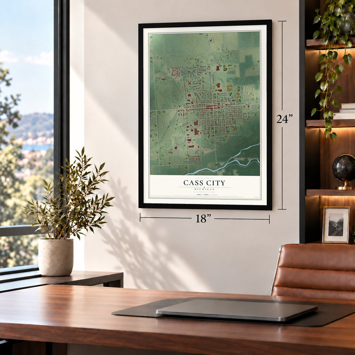 Cass City, Michigan map, 18 x 24 inch print in a black frame in a home office