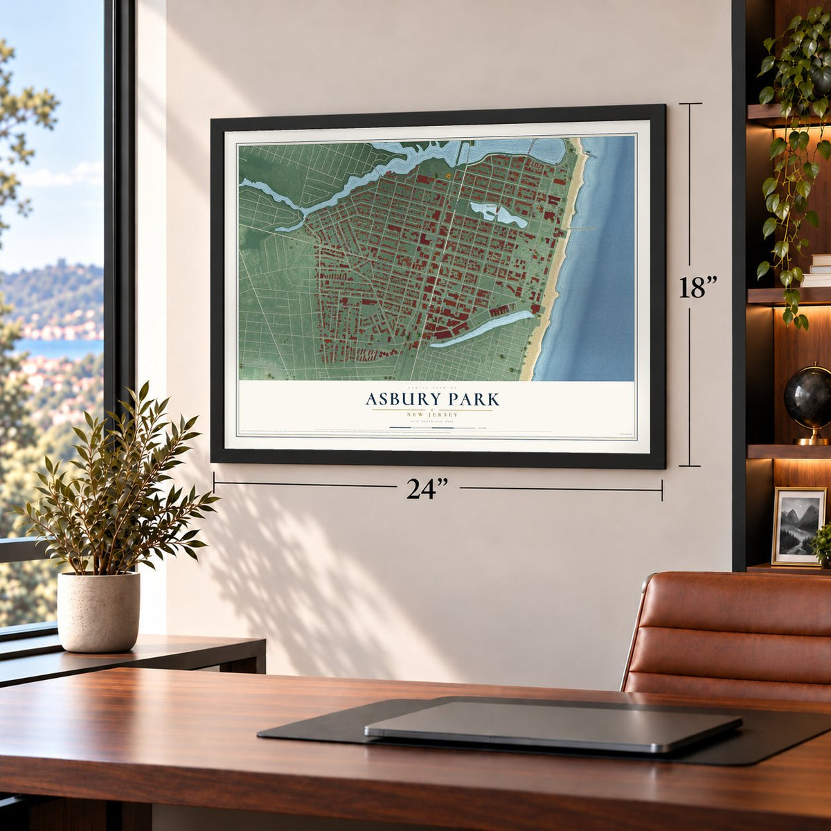 Asbury Park, New Jersey map, 18 x 24 inch print in a black frame in a home office