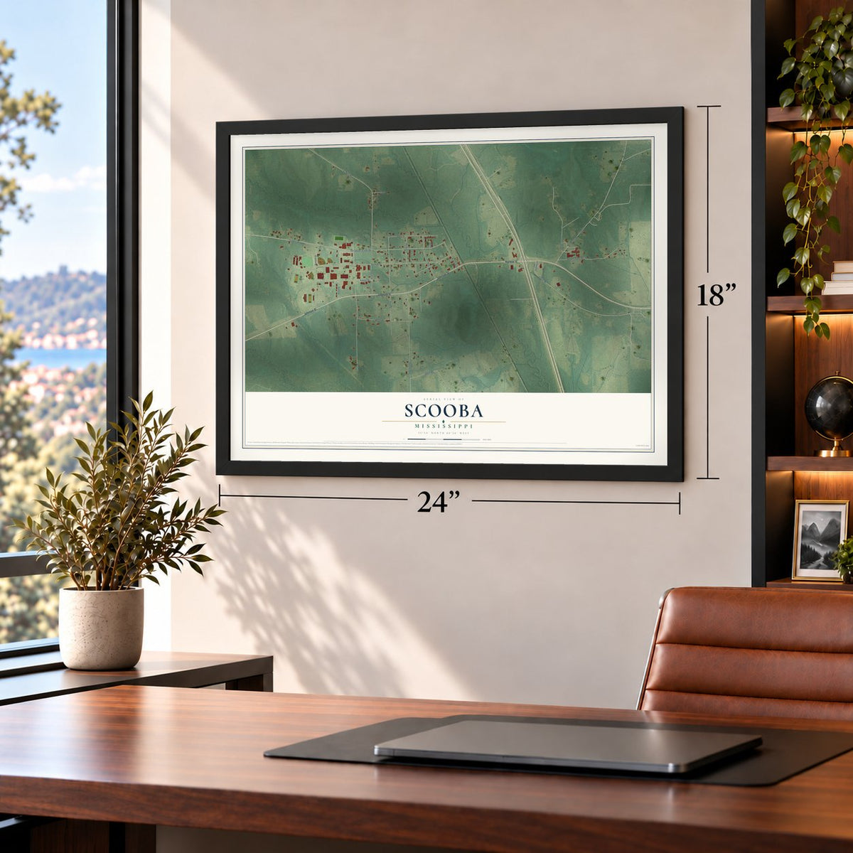 Scooba, Mississippi map, 18 x 24 inch print in a black frame in a home office