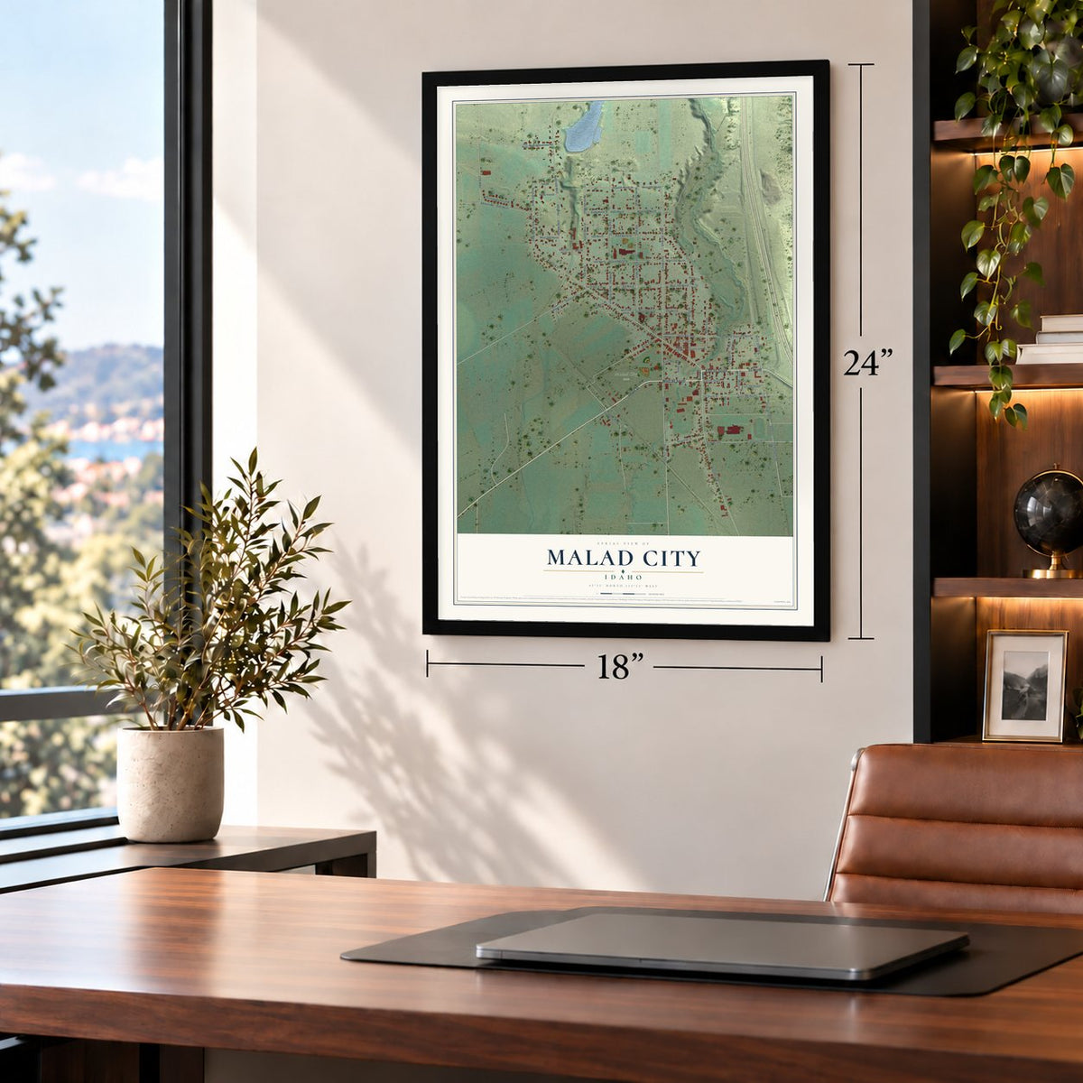 Malad City, Idaho map, 18 x 24 inch print in a black frame in a home office