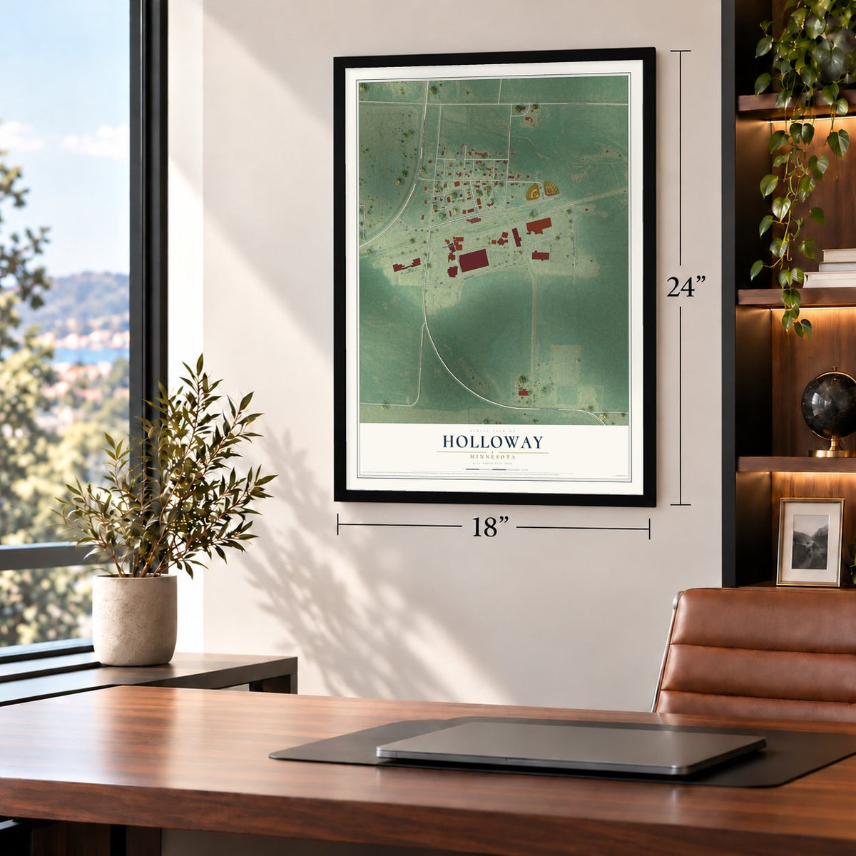 Holloway, Minnesota map, 18 x 24 inch print in a black frame in a home office