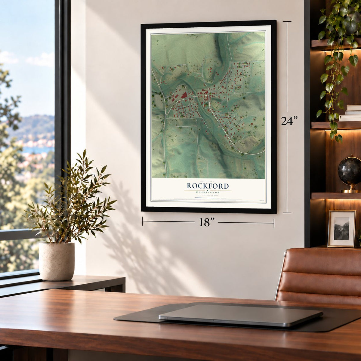 Rockford, Washington map, 18 x 24 inch print in a black frame in a home office