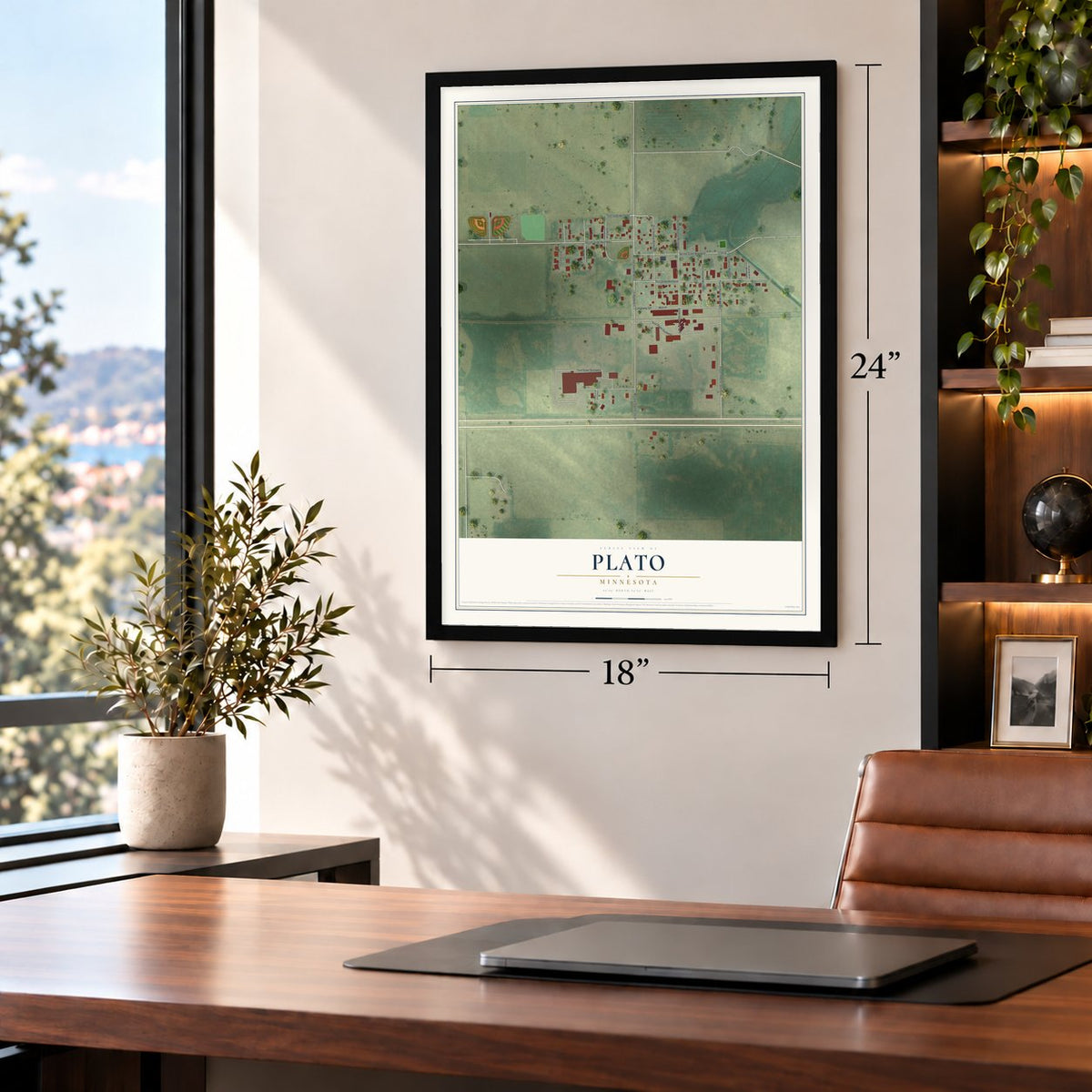 Plato, Minnesota map, 18 x 24 inch print in a black frame in a home office