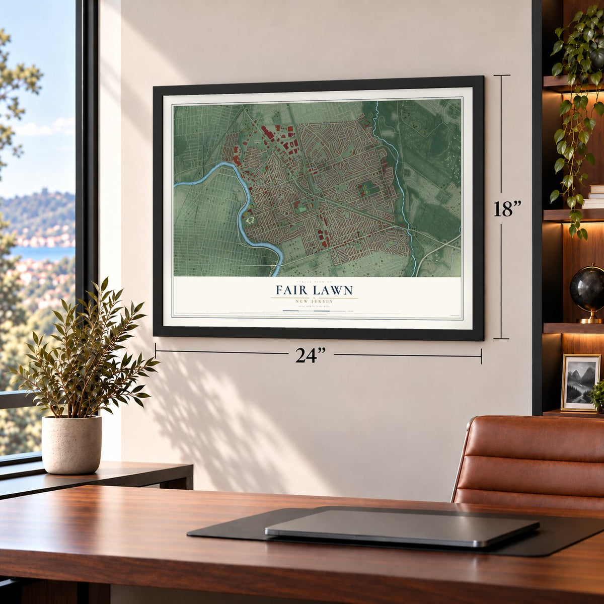 Fair Lawn, New Jersey map, 18 x 24 inch print in a black frame in a home office