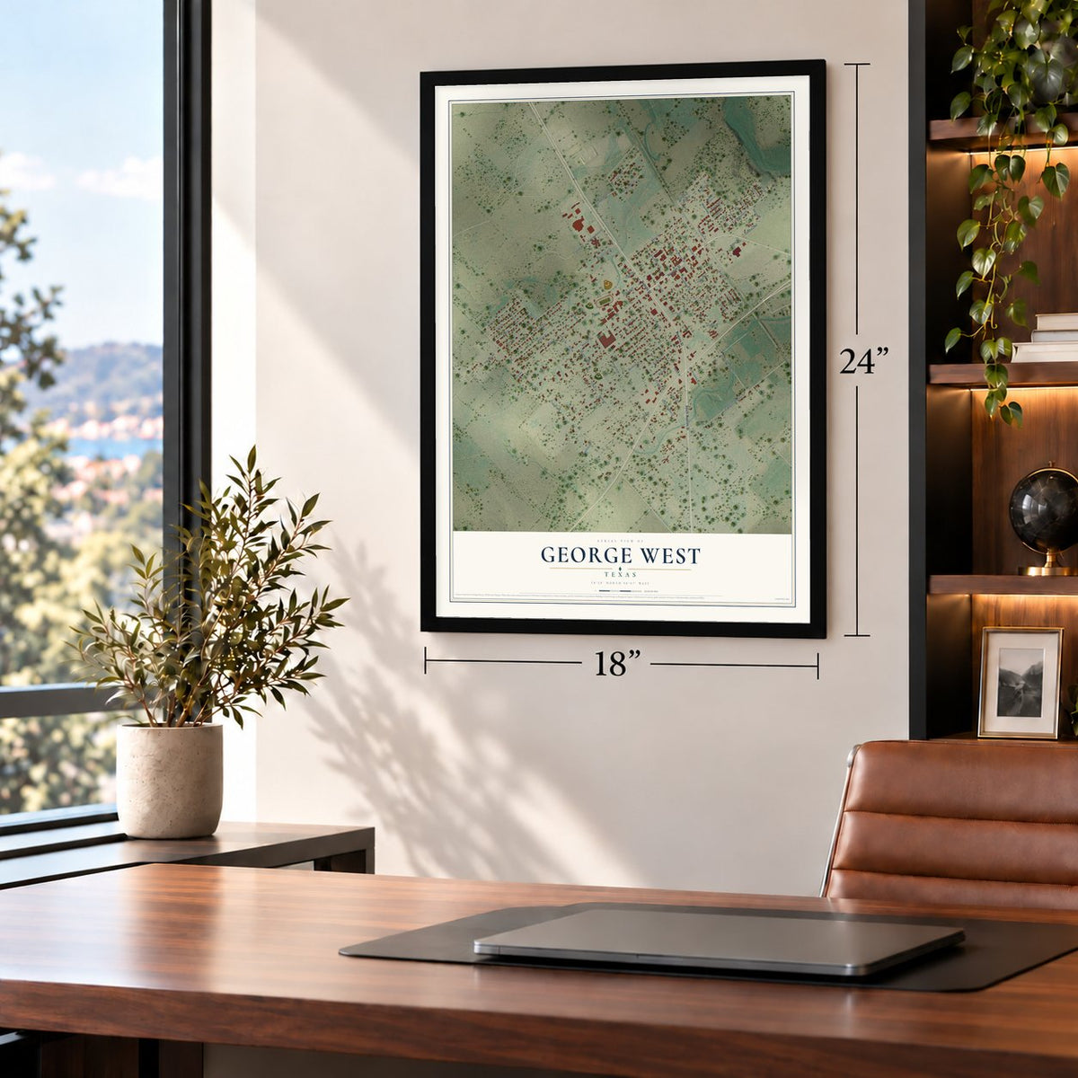 George West, Texas map, 18 x 24 inch print in a black frame in a home office