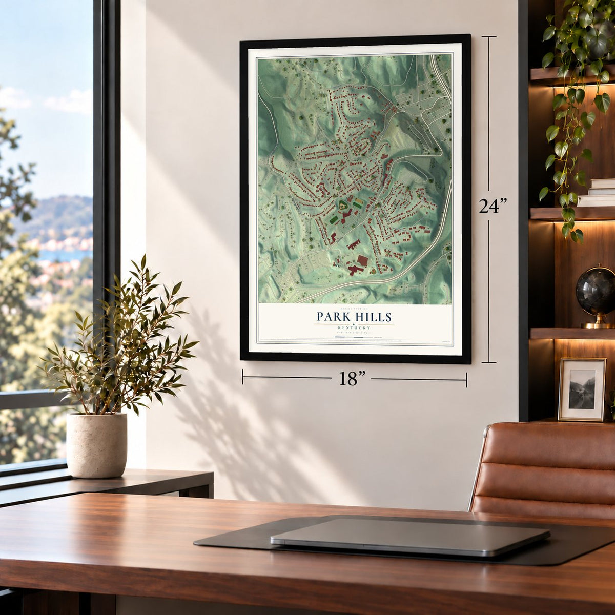 Park Hills, Kentucky map, 18 x 24 inch print in a black frame in a home office